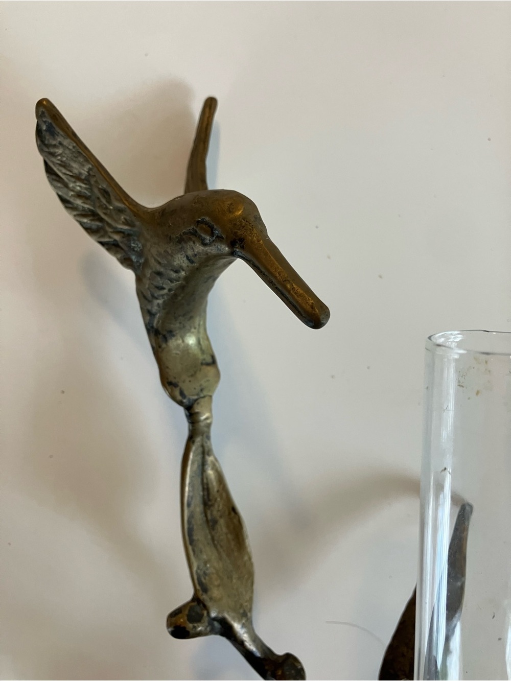 Brass Hummingbird Wall Hook with Glass Vase Holder - Vintage Look